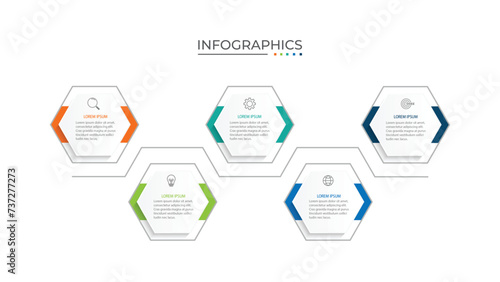 Business infographic design with 5 options. Vector thin line label with hexagons template. photo
