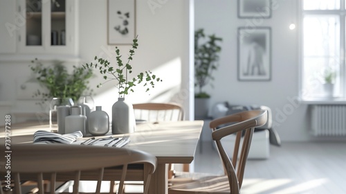 A Scandinavian-style dining area featuring minimalist design  natural materials  and cozy textiles.
