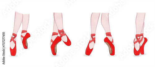 Cute feet wearing bright red pointe shoes set