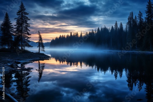 A tranquil lake with soft blue hour reflections