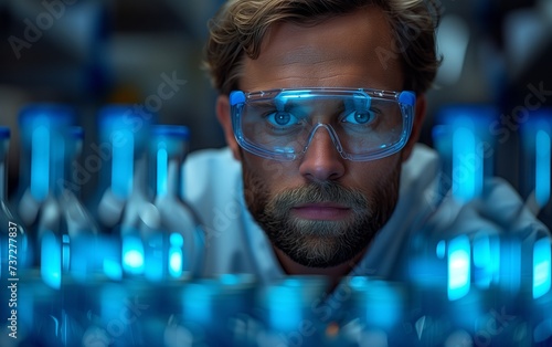 A man with a beard wearing electric blue goggles is looking at a row of test tubes in a laboratory