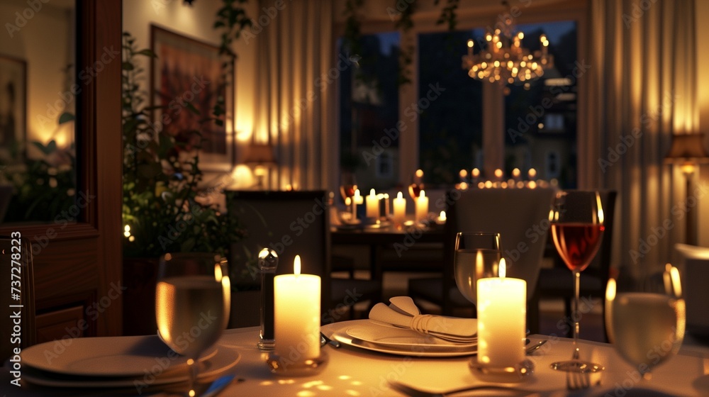 Candlelit ambiance sets the mood in an intimate dining room with romantic decor accents.