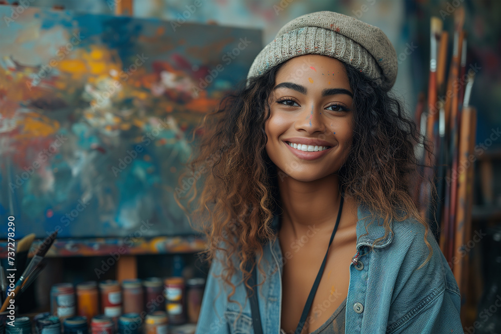 Artistic Expression: Woman Painting on a Canvas in a Studio with Brushes Artistic Expression: Woman Painting on a Canvas in a Studio with Brushes
