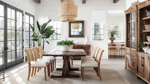 Earthy tones and organic textures define a tranquil dining room with a nature-inspired aesthetic.