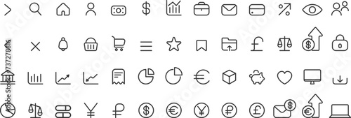 Business icons set on transparent background. Interface icon set. Thin line icons for business, marketing, payments elements symbols. Currency, money, bank, cryptocurrency, check, wallet, balance