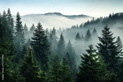 Evergreen forest shrouded in morning fog