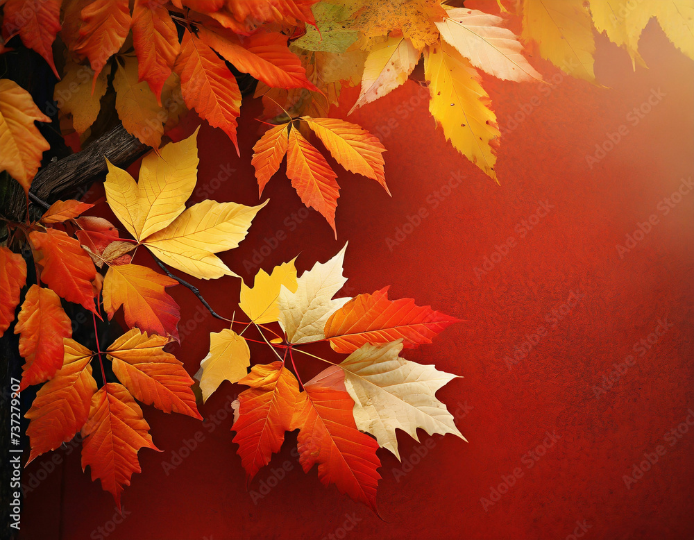 autumn leaves on red background