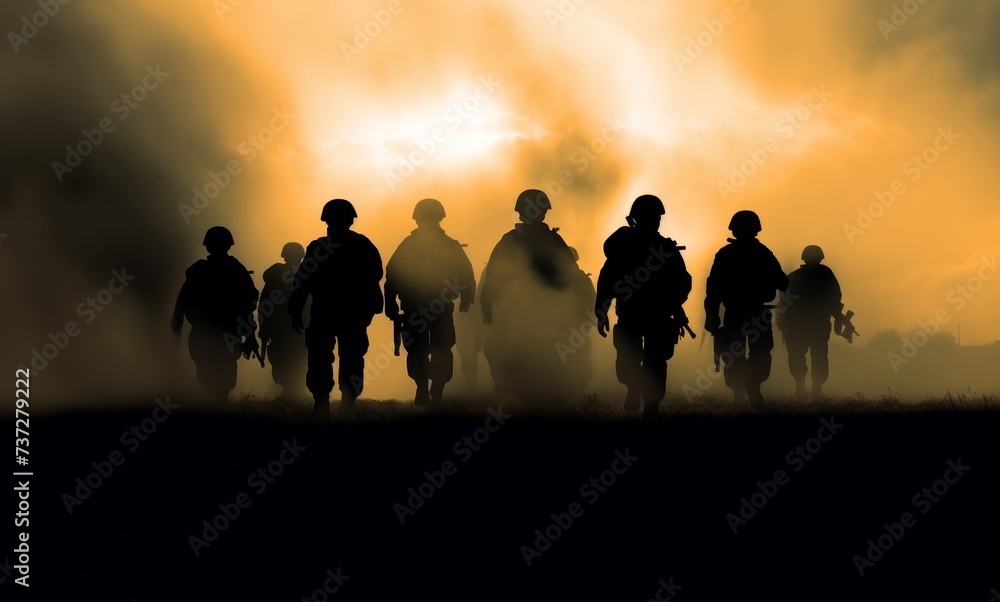 Battle scene. Military silhouettes fighting scene on war fog sky background. World War Soldiers Silhouettes Below Cloudy Skyline At sunset