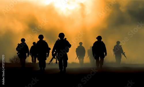 Battle scene. Military silhouettes fighting scene on war fog sky background. World War Soldiers Silhouettes Below Cloudy Skyline At sunset