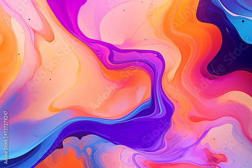 Vibrant and abstract background featuring fluid art. Trendy neon gradient in orange with a marble effect in purple, orange and blue.