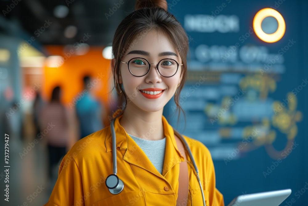 Fototapeta premium young woman professional in hospital and stethoscope, tablet in hand, ready for healthcare service. Smiling medical worker stands confidently, her smart attire contrasting with the dynamic hospital