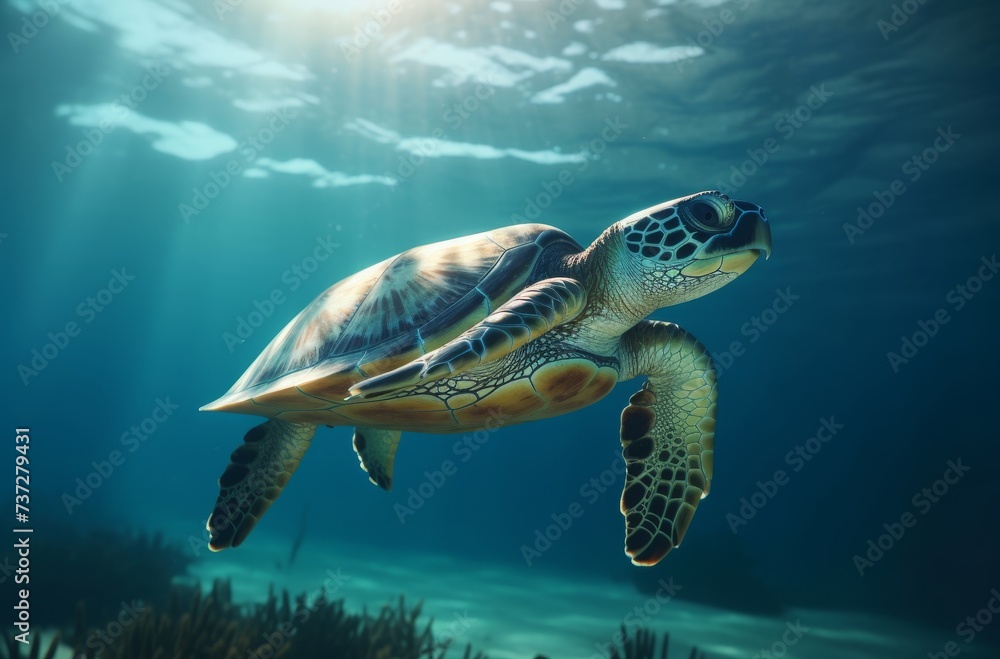 Fototapeta premium Sea turtle underwater swimming in the blue sea. Vivid blue ocean with turtle. Scuba diving with wild aquatic animal.