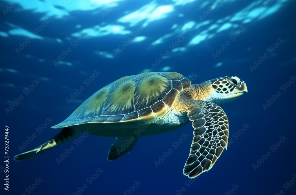 Obraz premium Sea turtle underwater swimming in the blue sea. Vivid blue ocean with turtle. Scuba diving with wild aquatic animal.