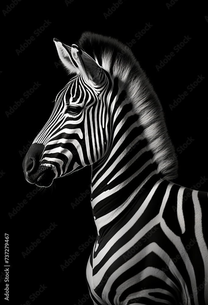A monochrome photo of a zebra with a black background