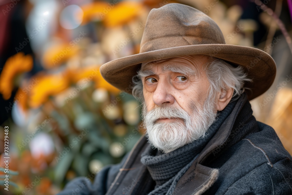 Senior man in street market, surrounded by autumnal colors, reflecting life's autumn. Aged gentleman outdoors, wearing hat, contemplative look amidst seasonal produce, depth of experience