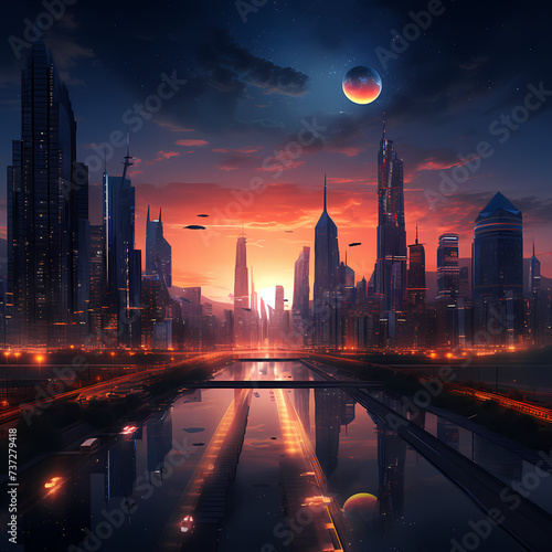 A futuristic city skyline at dusk. 