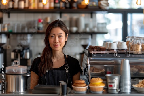 Barista at a modern coffee shop. Woman gentle expression welcoming patrons amid the aromatic backdrop of coffee and pastries. Young café employee stands poised, a serene presence against