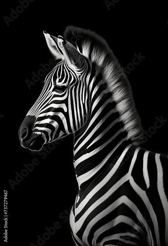 A monochrome photo of a zebra with a black background © Riz