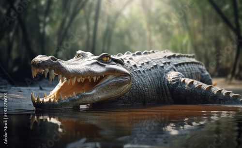 A crocodile opening its mouth with a water forest background