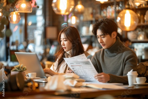 Two colleagues reviewing documents in a coffee shop. Business meeting and teamwork concept in a casual setting with copy space for design and print.
