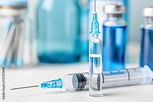 Transparent medical syringe filled with liquid, sharp needle, with vials and blurred blue background. Vaccine administration tool ready for use, sharp point, with medicine vials against