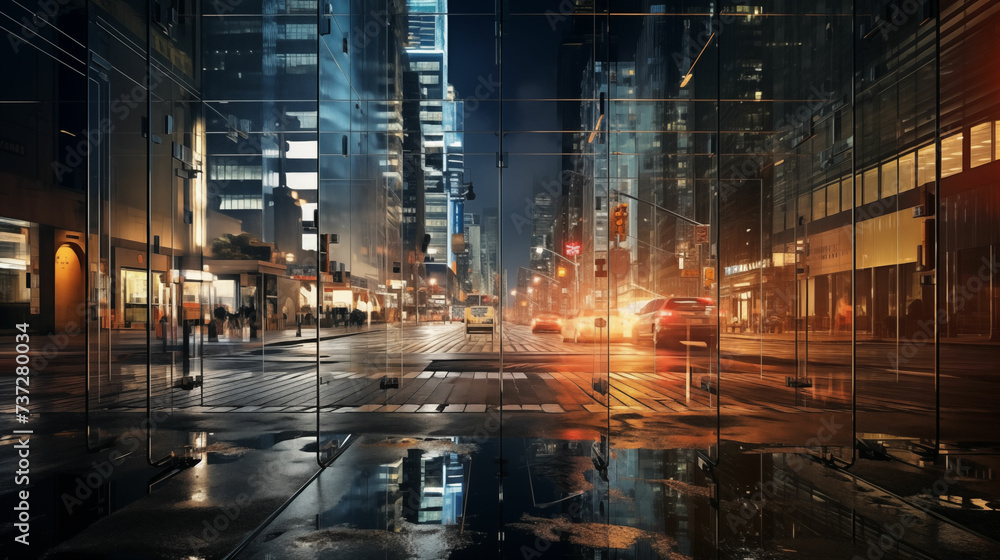 City street at night with a reflective puddle in the middle, showcasing urban surroundings and nighttime ambiance.. Generative AI