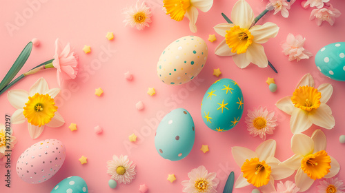 Easter eggs on pastel pink background. Flat lay, top view, copy space. Easter pink composition.Generative AI