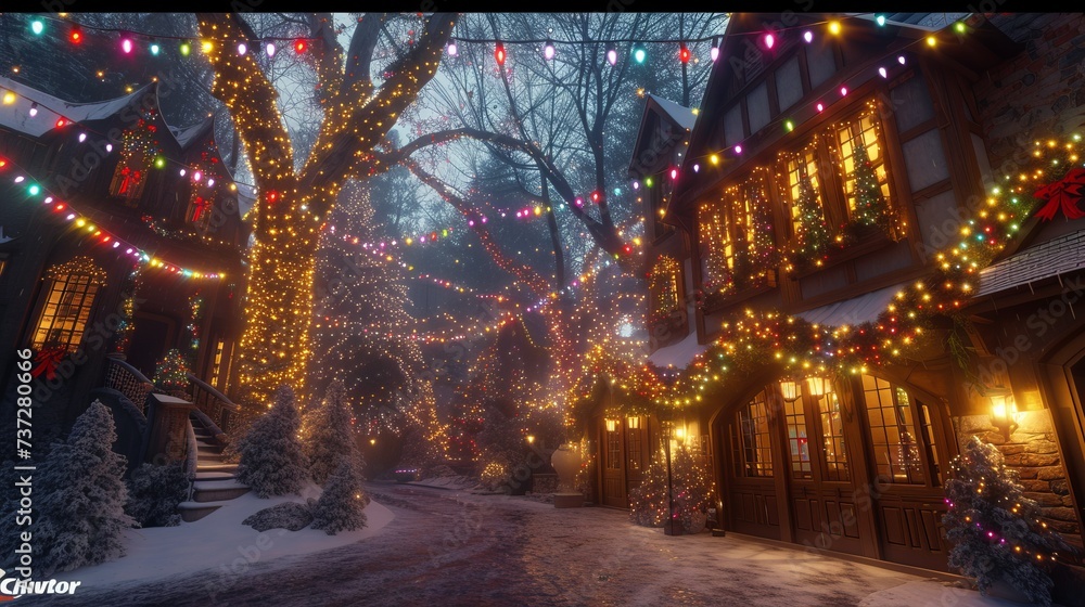 A snowy village decorated with Christmas lights - obrazy, fototapety, plakaty 