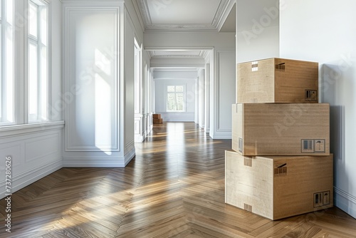 Empty floor with cardboard boxes. White walls, parquet floor and natural light. Moving, sale and purchase of real estate, real estate and new home. © arhendrix