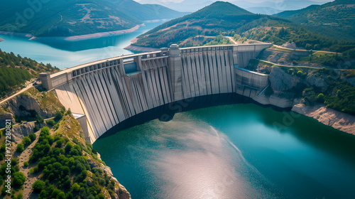 Hydroelectric dam on the river, water discharge from the reservoir. Generative AI