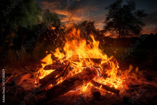 A bonfire burns in a forest at night © Adobe Contributor