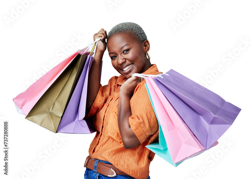 Bags, excited and black woman in portrait, shopping and isolated on transparent png background. Happy female person, sale and discount for luxury items, customer and smile for promo or ecommerce photo