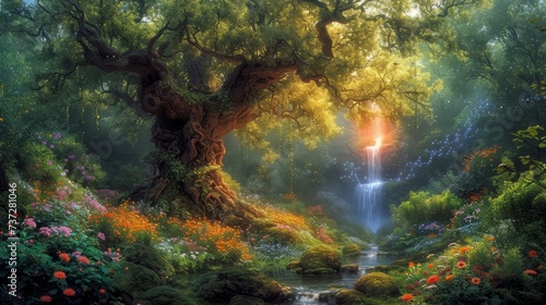 A magical forest with a giant tree  a waterfall  and a river flowing through it. There are many flowers and plants in the forest  and the sun is shining through the trees.