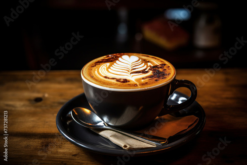 A black cup of cappuccino on a wooden table