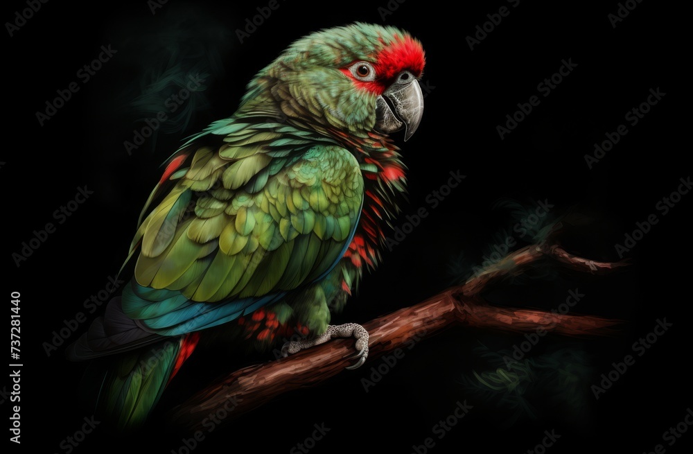 Fototapeta premium green parrot on a tree trunk with a dark background