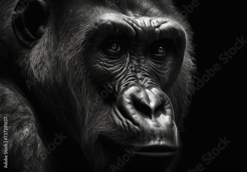 A gorilla's face is shown against a black background