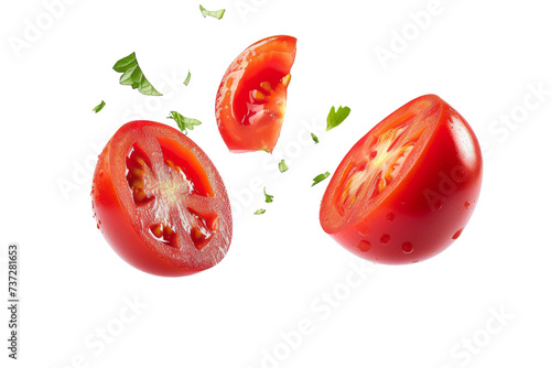Tomato with half slices falling or floating in the air with green leaves isolated on background, Fresh organic fruit with high vitamins and minerals.