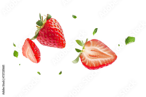 Strawberry with half slices falling or floating in the air with green leaves isolated on background, Fresh organic fruit with high vitamins and minerals.