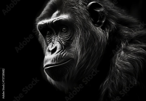 A gorilla's face is shown against a black background