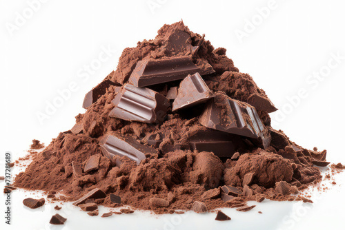 Chocolate bar and cocoa powder on a white background