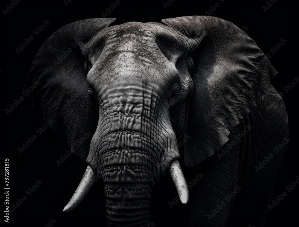 elephant head close up on monochrome black background style