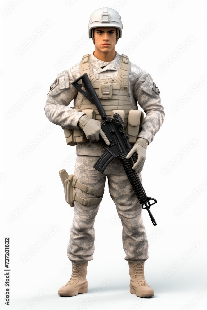 Illustration of a soldier in military uniform holding a gun