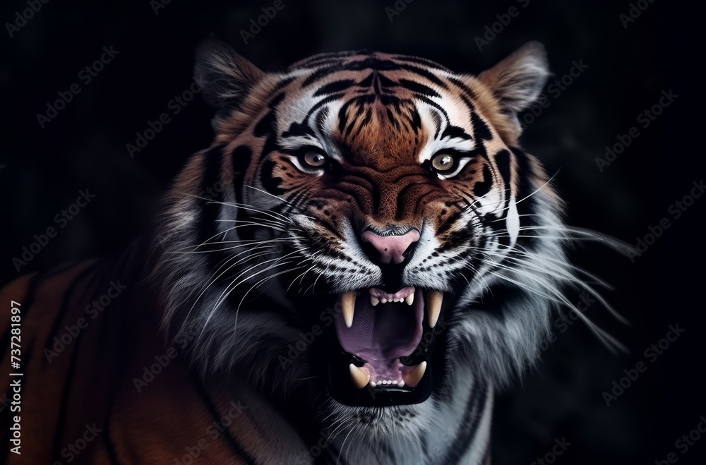 Obraz premium Aggressive tiger on black background
