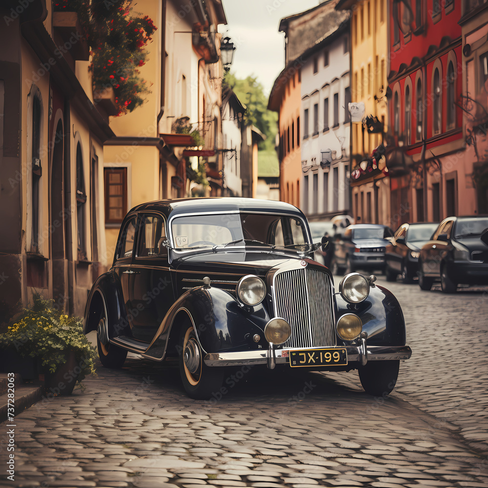 A vintage car parked on a cobblestone street.