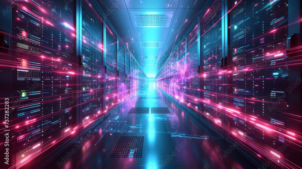 Futuristic data center with glowing lights and fast data transfer