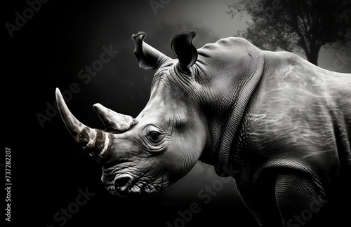 Amazing Big Horned Black And White Rhino Face