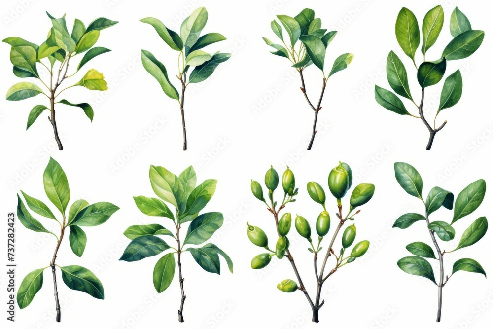 Aquarelle of various green leaves and unripe berries