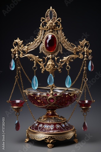 ornate gold filigree centerpiece with red and blue jewels
