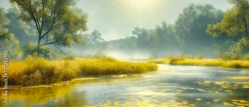 Tranquil Dawn: A Serene River Landscape Bathed in the Soft Light of Morning, Echoing the Quiet of Nature