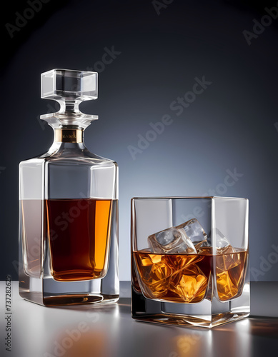 A nice bottle of brandy whiskey and a glass with ice on a gray background